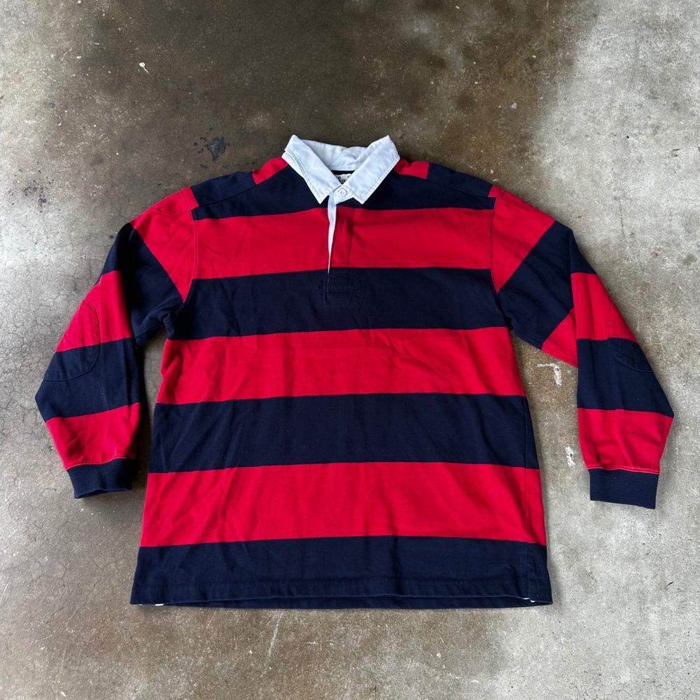 Ron Chereskin Rugby Shirt Mens Large Red Navy Blue Good Striped Elbow Patch